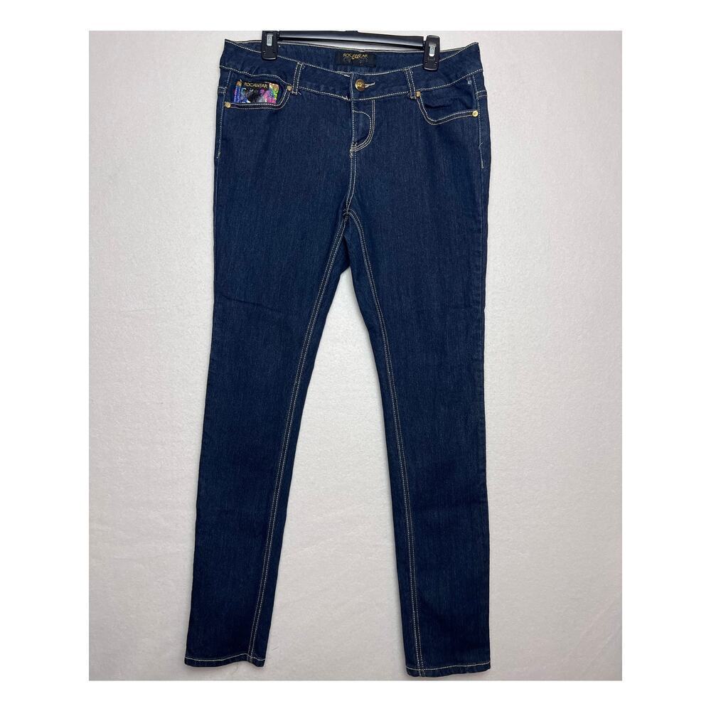 Rocawear Women's Dark Wash Skinny Jeans Pocket Design Graphic Size 14W